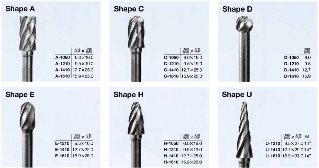 アトラックス ATRAX 超硬ロータリーバー 軽合金用アルマ・バー 6ミリシャンク アルミカット Shape A / Shape C / Shape D / Shape E / ShapeH / Shape U