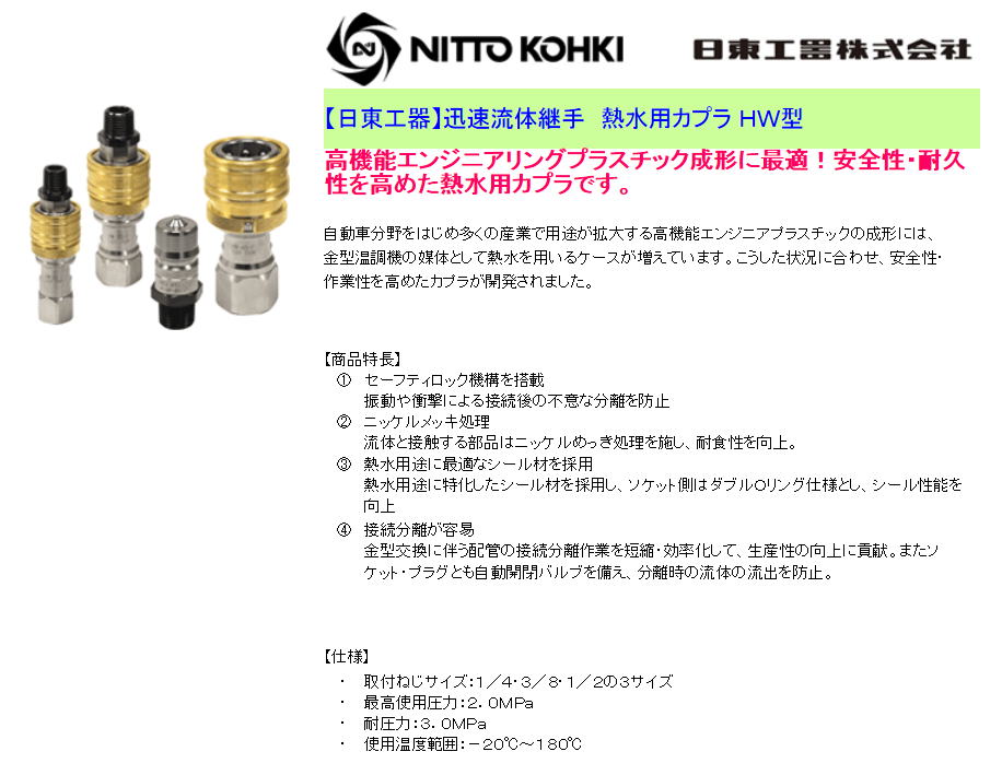 【日東工器】迅速流体継手　熱水用カプラ ＨＷ型