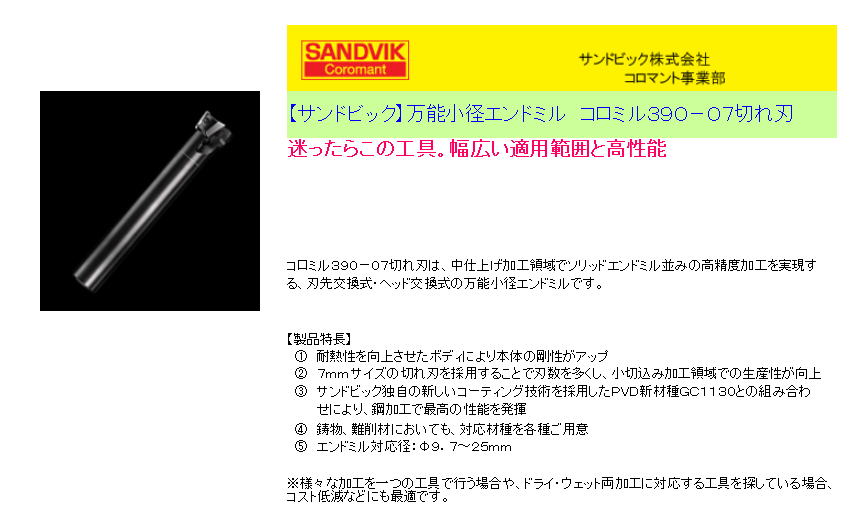 【サンドビック】万能小径エンドミル　コロミル３９０－０７切れ刃