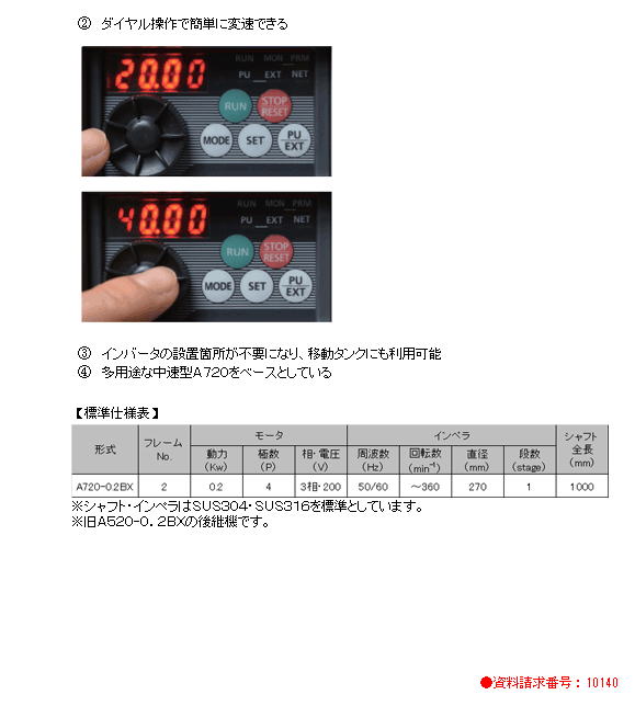 【佐竹化学機械工業】サタケポータブルミキサー（インバータ一体型）　Ａ７２０－０．２ＢＸ
