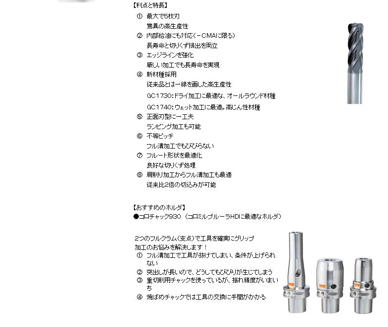 サンドビック コロミルプルーラＨＤ　超硬ソリッドエンドミル 今までの２倍の切込みが可能な超硬ソリッドエンドミル。更なる高生産性を実現！