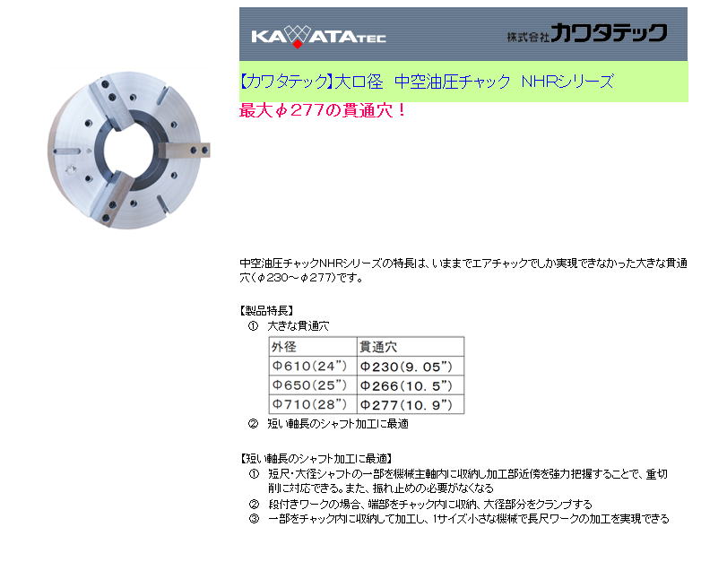 【カワタテック】大口径　中空油圧チャック　ＮＨＲシリーズ 最大φ２７７の貫通穴！