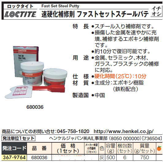 ロックタイトFast Set Steel Putty 速硬化補修剤 ファストセットスチールパテ 367-9764-680036