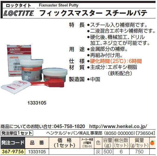 ロックタイトFixmaster Steel Putty　フィックスマスター スチールパテ 367-9756-1333105