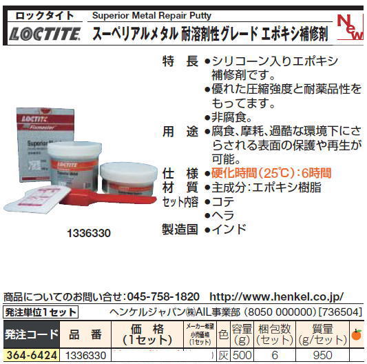 ロックタイト Superior Metal Repair Putty スーペリアルメタル 耐溶剤性グレード エポキシ補修剤  364-6424 1336330