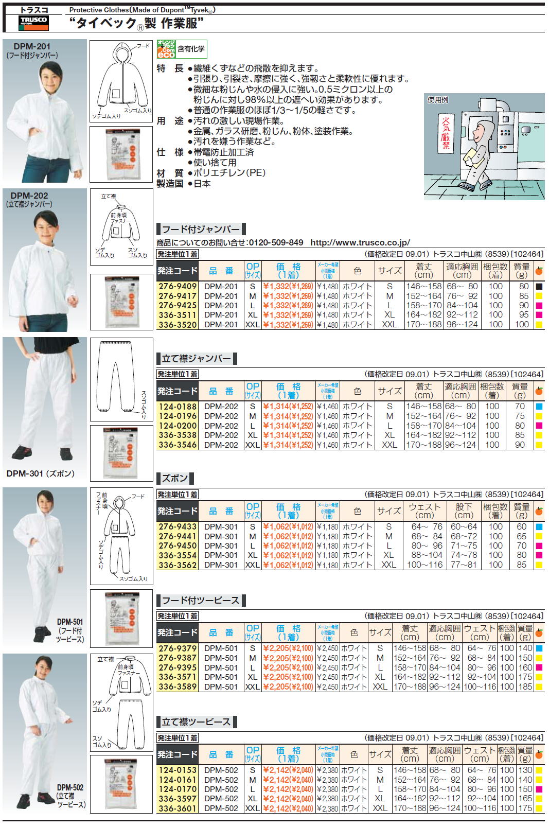 トラスコProtective Clothes（Made of DupontTMTyvekR）タイベックR製 作業服