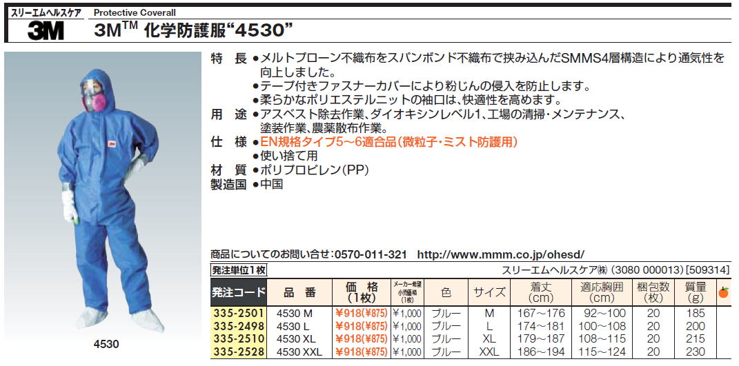 スリーエムヘルスケアProtective Coverall 3MTM 化学防護服“4530”