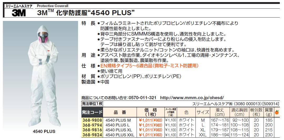 スリーエムヘルスケアProtective Coverall 3MTM 化学防護服“4540 PLUS”