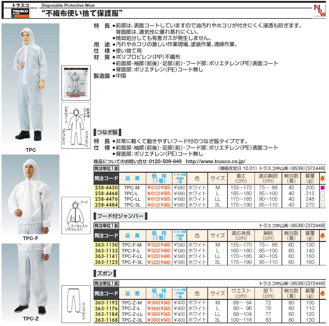 トラスコDisposable Protective Wear “不織布使い捨て保護服”