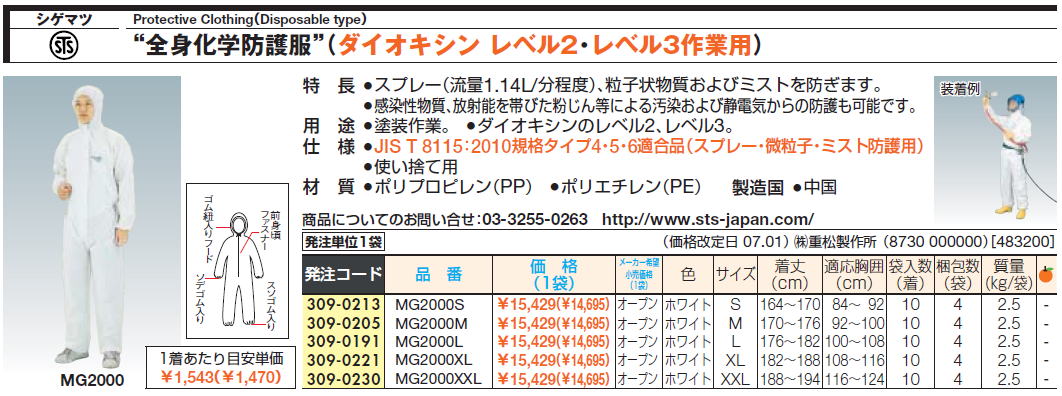 シゲマツProtective Clothing（Disposable type）“全身化学防護服”（ダイオキシン レベル2・レベル3作業用）