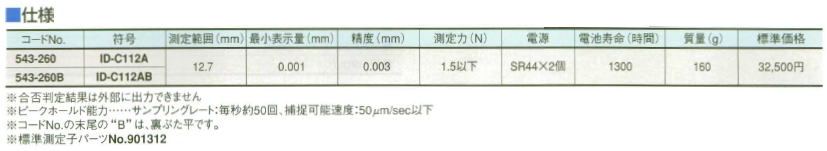 ミツトヨ　543シリーズ　ピークホールド機能付ABSデジマチックインジケータ　543-260　ID-C112A