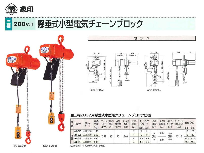 象印チェーンブロック　三相200V用　懸垂式小型電気チェーンブロック