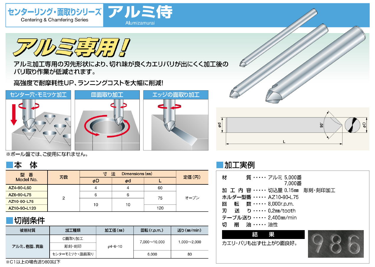 ｱﾙﾐ加工専用の刃先形状により切れ昧が良くｶｴﾘﾊﾞﾘが出にくく加工後のﾗﾝｸﾞｺｽﾄを大幅に削減！ AZ4-90-L60 AZ6-90-L75 AZ10-90-L75 AZ10-90-L120 