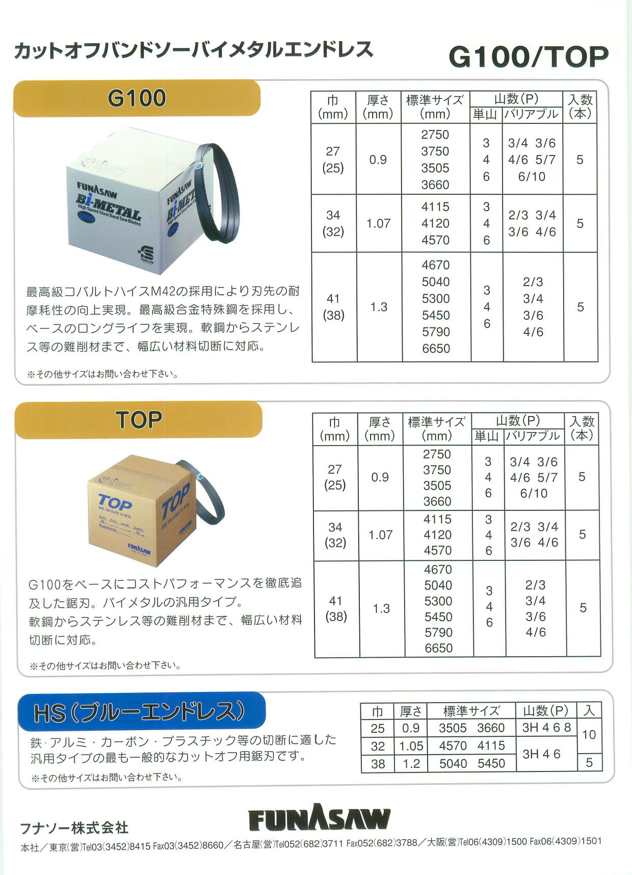 フナソー株式会社　コンターマシン用（コイルー巻尺タイプ）BIM/B/BR  カットオフバンドソーバイメタルエンドレス　G100/TOP