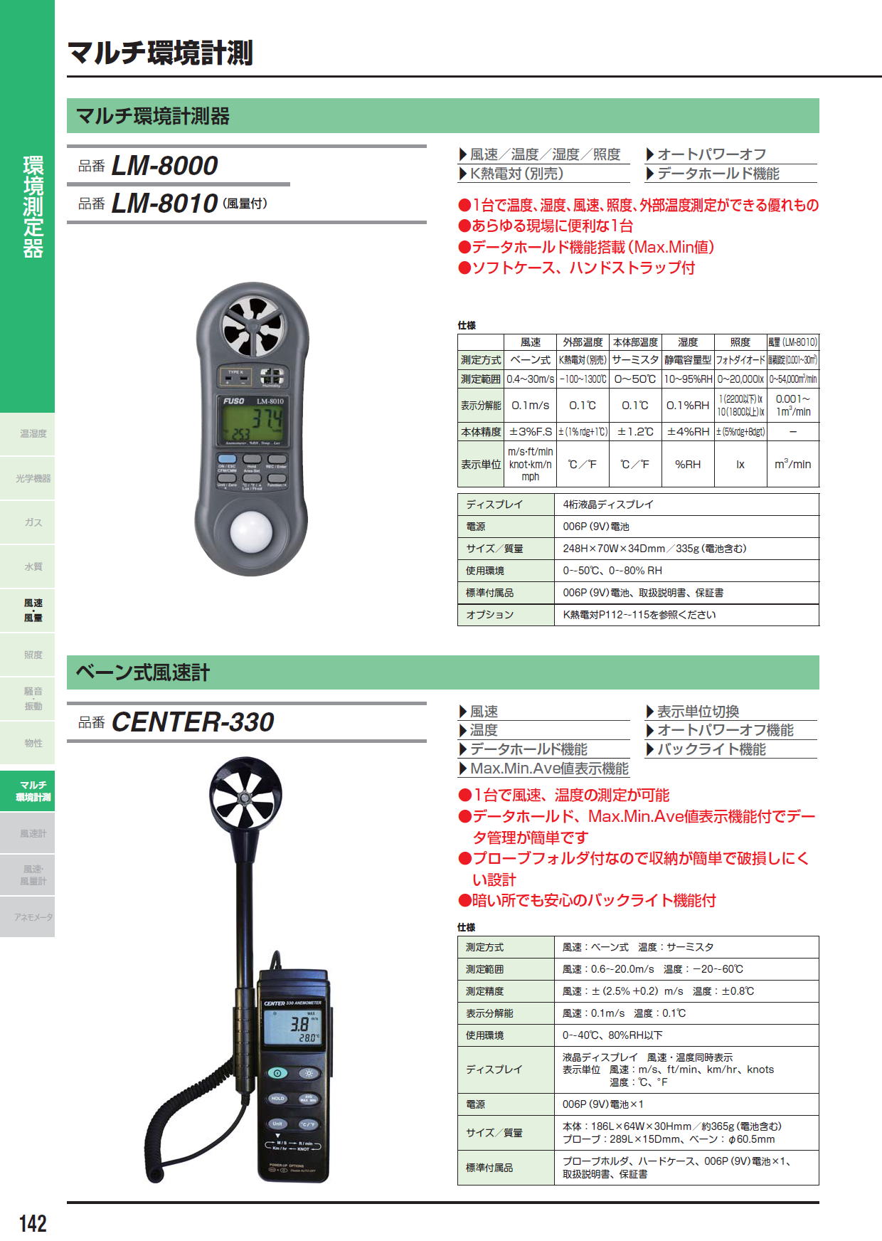 マルチ環境計測器　LM-800　/　LM-8010（風量付）　/　ベーン式風速計　CENTER-330