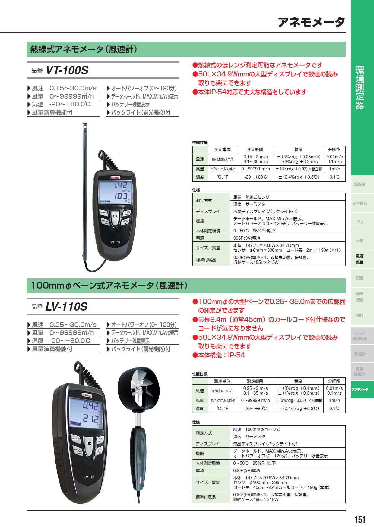 熱線式アネモメータ（風速計）　VT-100S　/　100mmφベーン式アネモメータ（風速計）　LV-110S