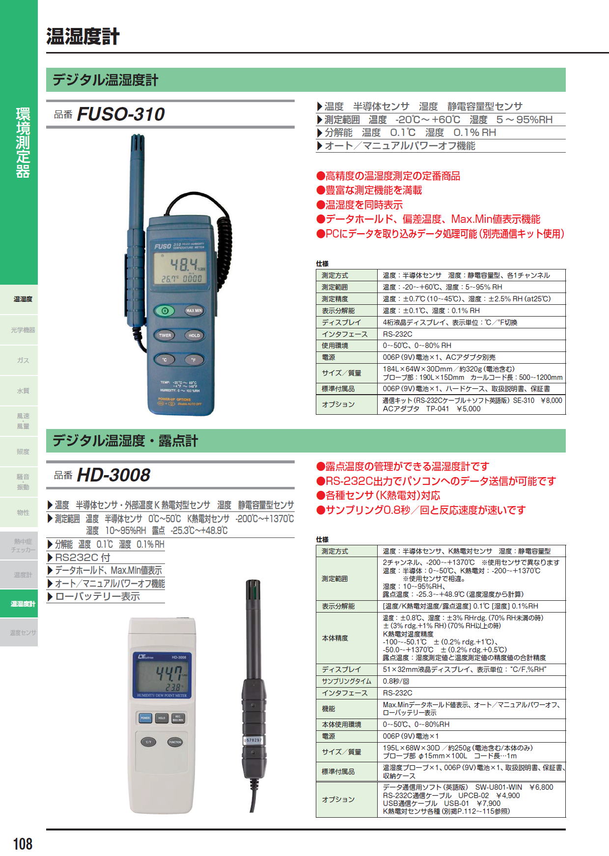 デジタル温湿度計　FUSO-310/デジタル温湿度・露点計　HD-3008/