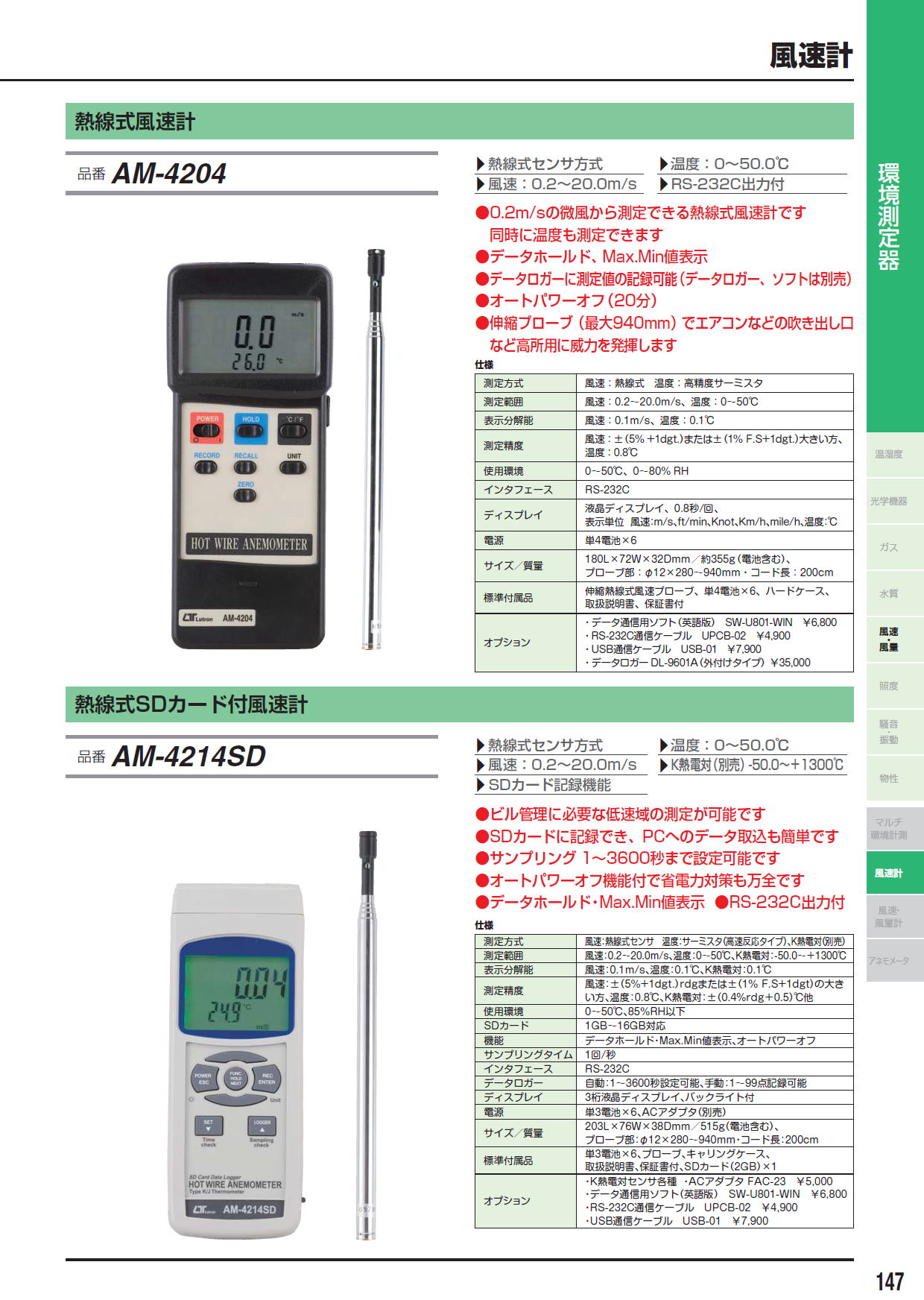 熱線式風速計　AM-4204　/　熱線式SDカード付風速計　AM-4214SD