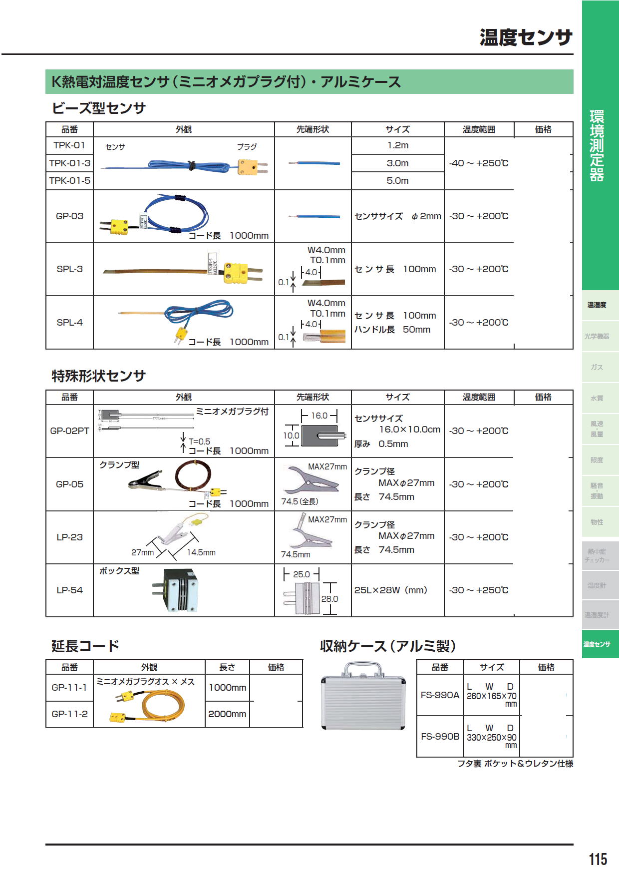 K熱電対温度センサ（ミニオメガプラグ付）・アルミケース　ビーズ型センサ　/TPK-01/TPK-01-3/TPK-01-5/GP-03/SPL-3/SPL-4/特殊形状センサ/GP-02PT/GP-05/LP-23/LP-54/延長コード/GP-11-1/GP-11-2/収納ケース（アルミ製）FS-990A/FS-990B/