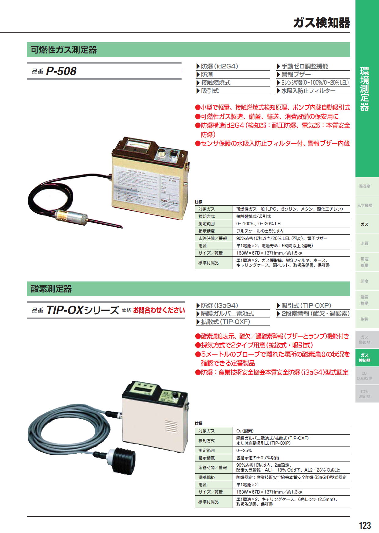 可燃性ガス測定器　P-508　/　酸素測定器　TIP-OXシリーズ