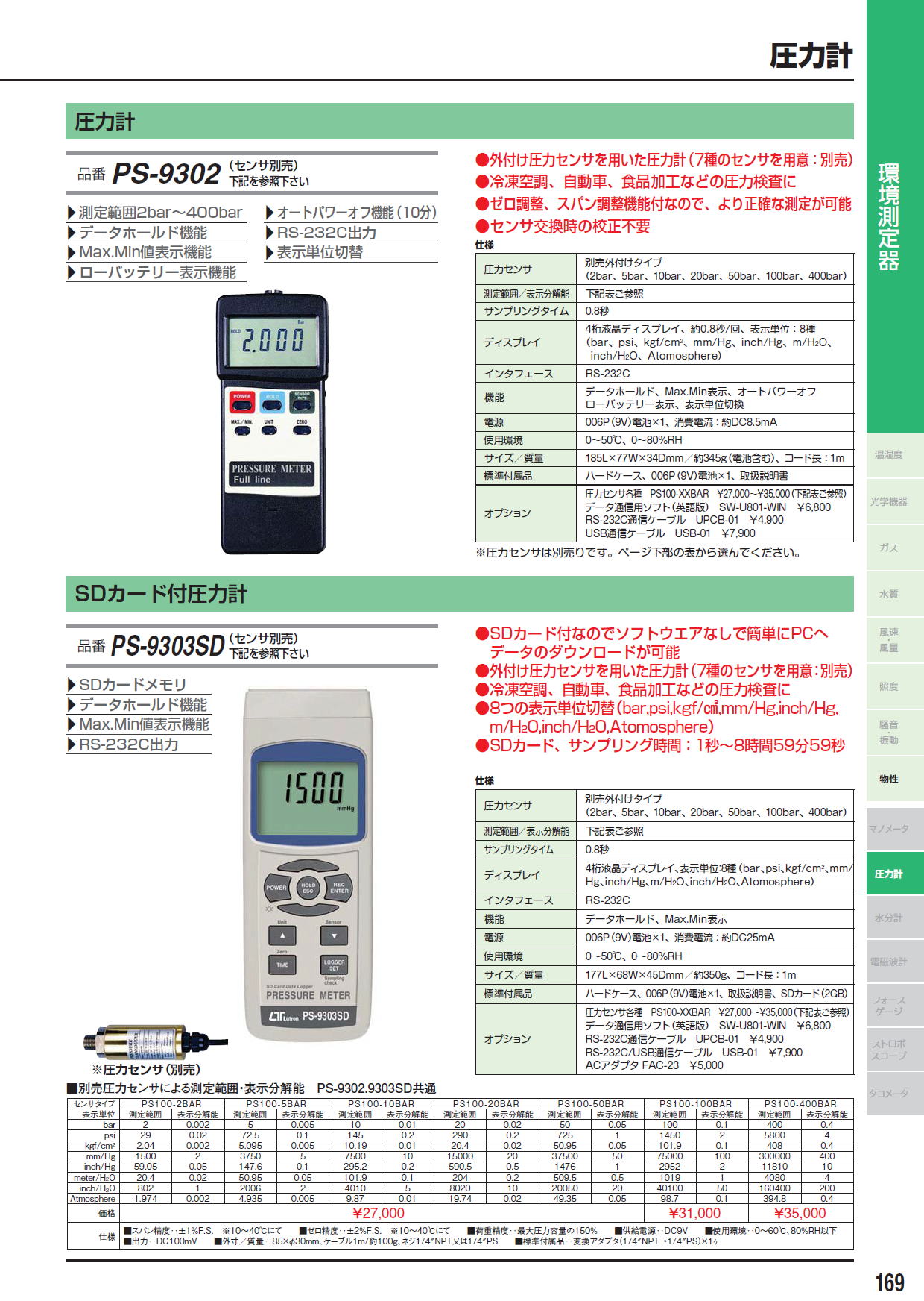 圧力計　PS-9302（センサ別売）　/　SDカード付圧力計　PS-9303SD（センサ別売）　/　PS100-２BAR/PS100-5BAR/PS100-10BAR/PS100-２0BAR/PS100-50BAR/ PS100-100BAR/PS100-400BAR