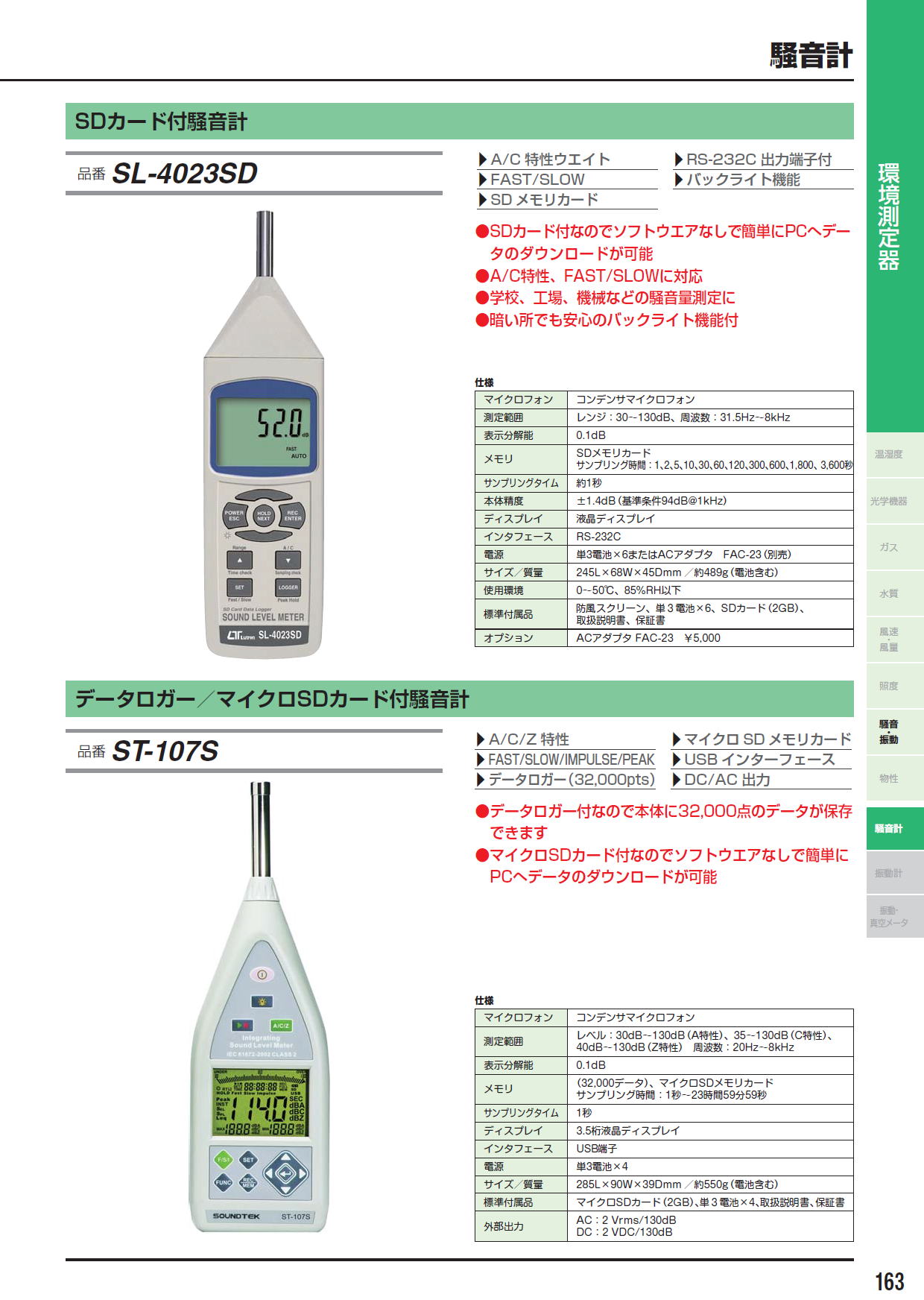 SDカード付騒音計　SL-4023SD　/　データロガー／マイクロSDカード付騒音計　ST-107S