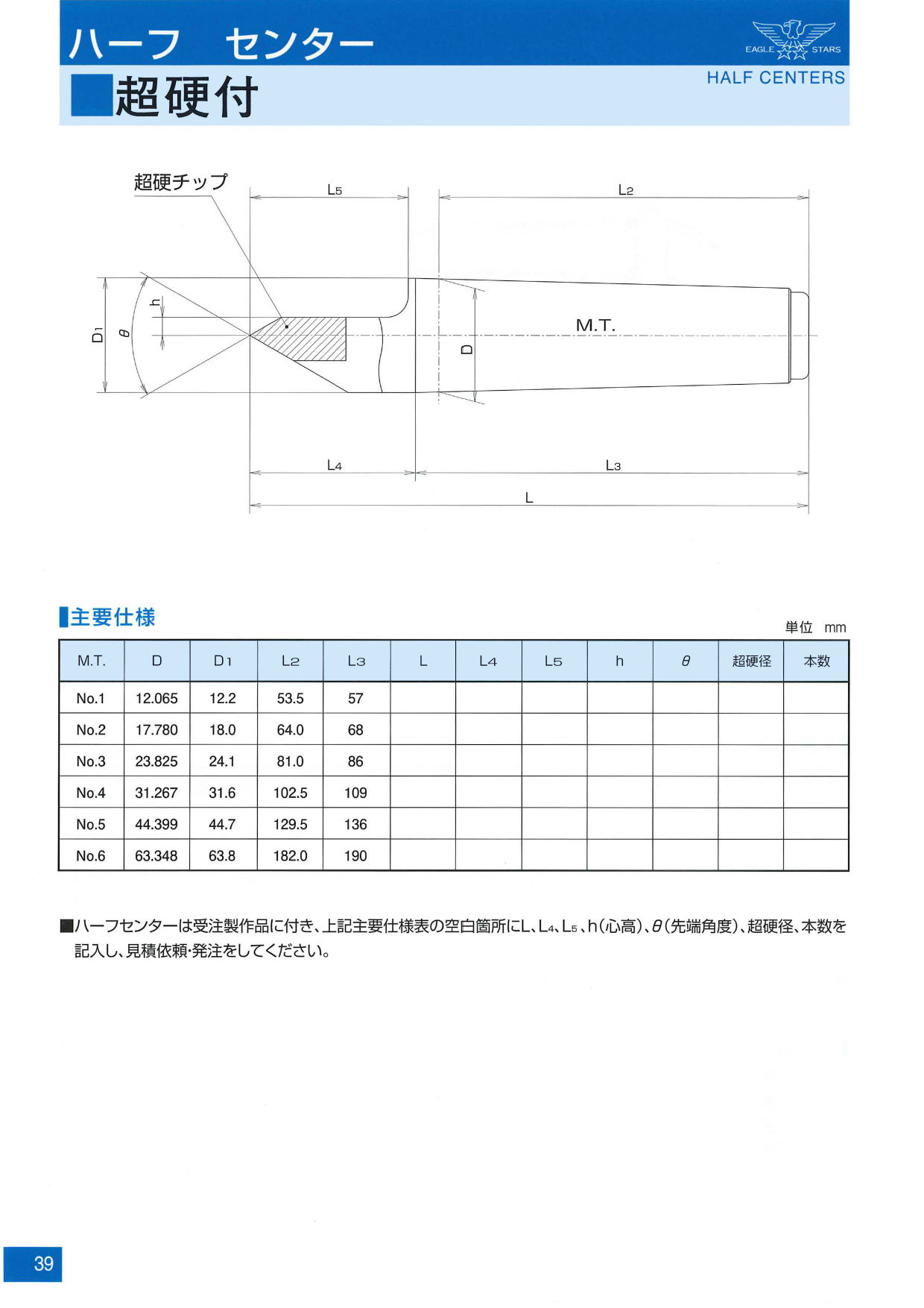 二村機器　EAGLE STARS ハーフセンター　超硬付（受注生産品）