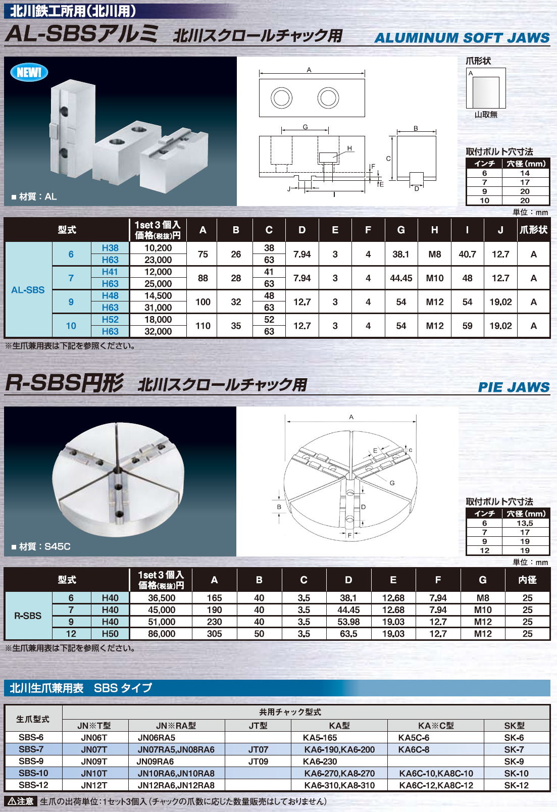 ギガ・セレクション　生爪　/　北川鉄工所用（北川用） AL-SBSアルミ　北川スクロールチャック用　AL / ギガ・セレクション　生爪　/　北川鉄工所用（北川用） R-SBS円形　北川スクロールチャック用　S45C