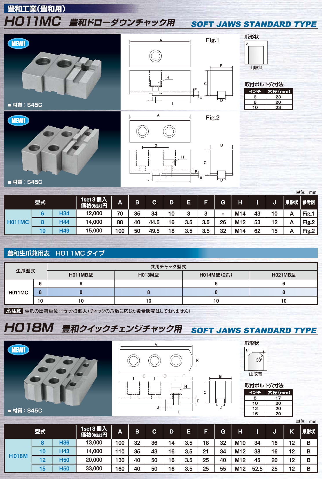 ギガ・セレクション　生爪　/　豊和工業（豊和用） H011MC　豊和ドローダウンチャック用　S45C　ギガ・セレクション　生爪　/　豊和工業（豊和用） H01MA　豊和油圧・エアチャック用(P3.0用)　S45C