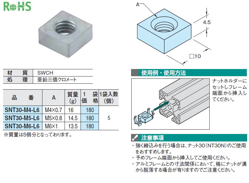 四角ナット 13.7mm角 厚み6.5mm 10個 M5