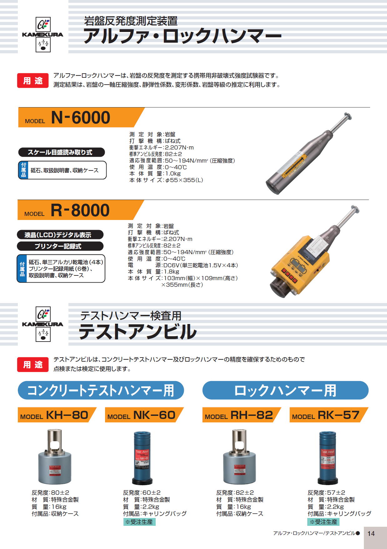 亀倉精機㈱　岩盤反発度測定装置　アルファ・ロックハンマー　N-6000 / R-8000 / KH-80 / NK-60 / RH-82 / RK-57