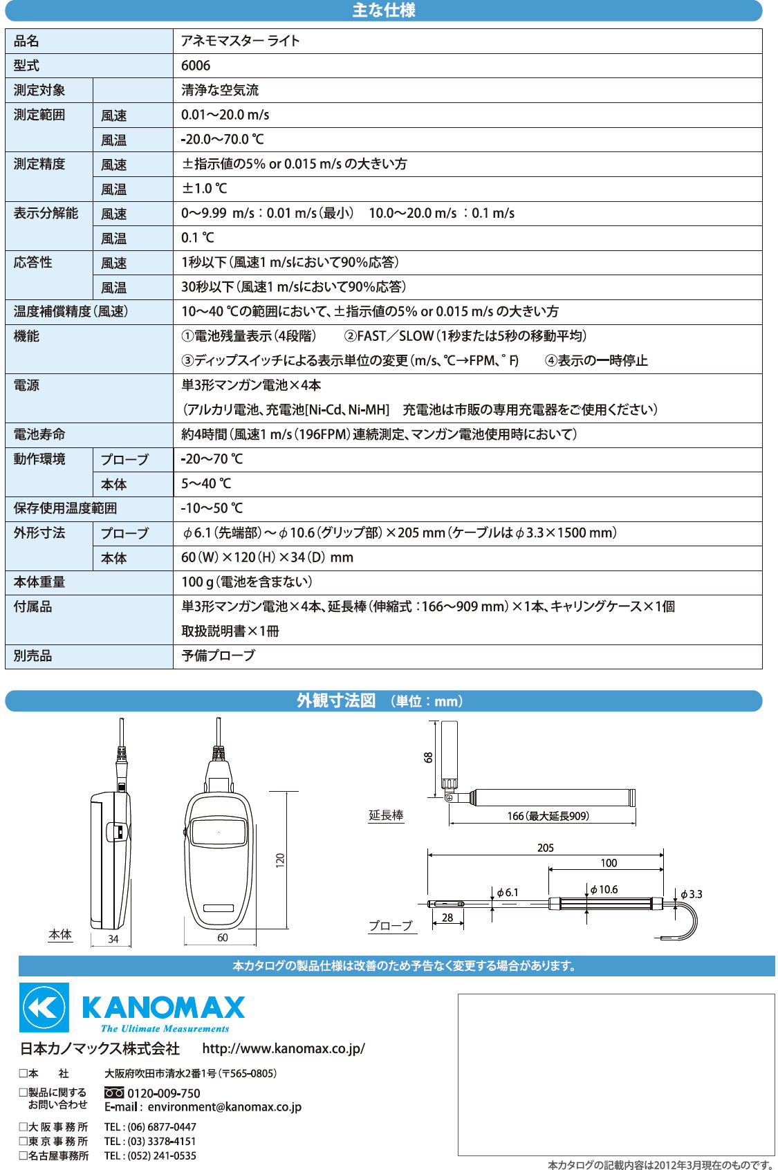 測定工具　KANOMAX 携帯型風速計　アネモマスター　型式6006 