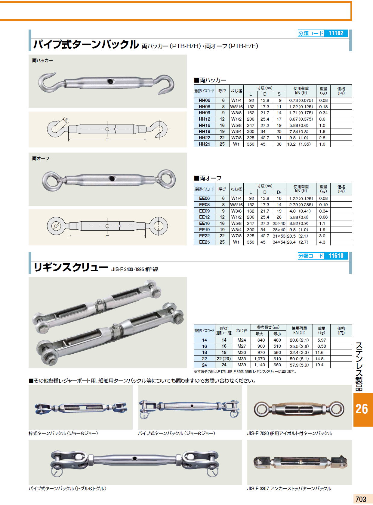 ステンレス製品　パイプ式ターンバックル両ハッカー（PTB-H/H）・両オーフ（PTB-E/E） / リギンスクリューJIS-F 3403-1995 相当品