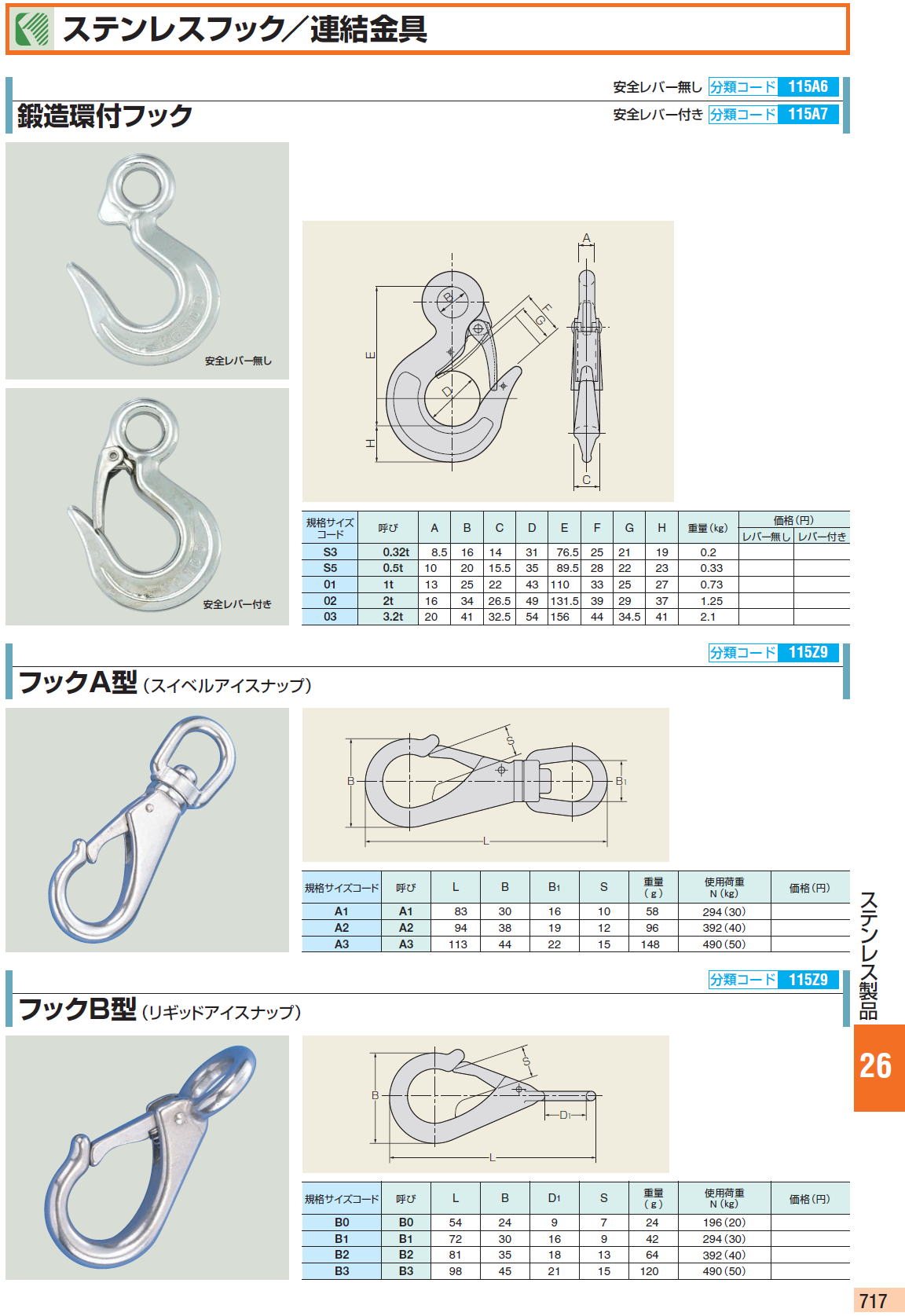 ステンレスフック／連結金具 / 鍛造環付フック / フックA型（スイベルアイスナップ） / フックB型（リギッドアイスナップ）