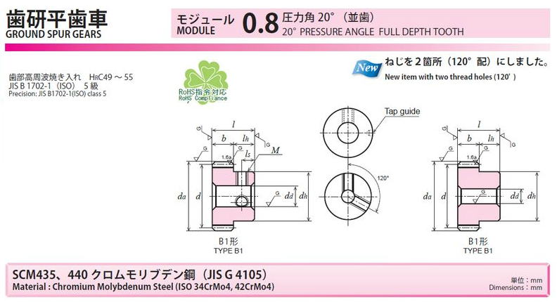 協育歯車工業株式会社　歯研平歯車　モジュール　0.8　圧力角２０°（並歯） SG80S64B-0812　から　SG80S120B*0820