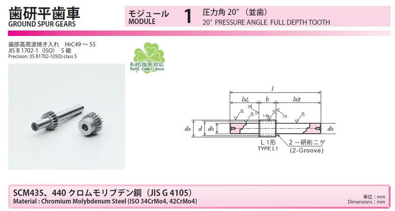 協育歯車工業株式会社　歯研平歯車　モジュール　1　圧力角２０°（並歯） SG1S14L-1008　から　SG1S23B-1008