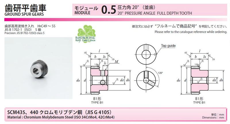 協育歯車工業株式会社 歯研平歯車　モジュール　0.5　圧力角２０°（並歯）　SG50S35B-0805 から　SG50S48B-0808