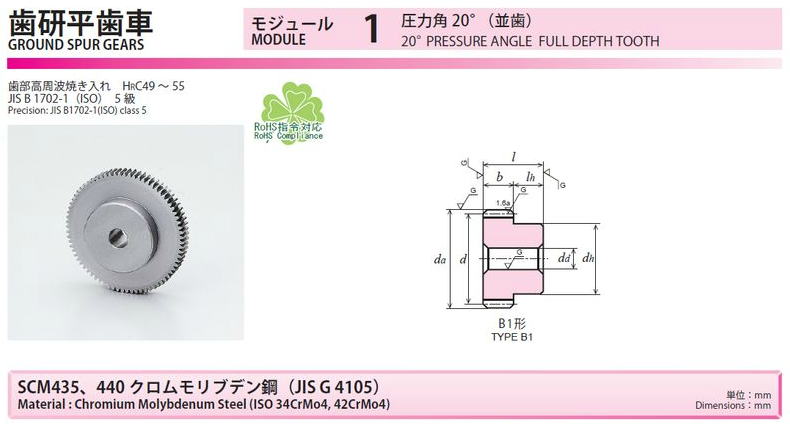 協育歯車工業株式会社　歯研平歯車　モジュール　1　圧力角２０°（並歯） SG1S52B-1012　から　SG1S75B-1012