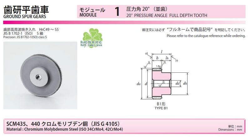 協育歯車工業株式会社　歯研平歯車　モジュール　1　圧力角２０°（並歯）SG1S80B-1012　から　SG1S120B-1015