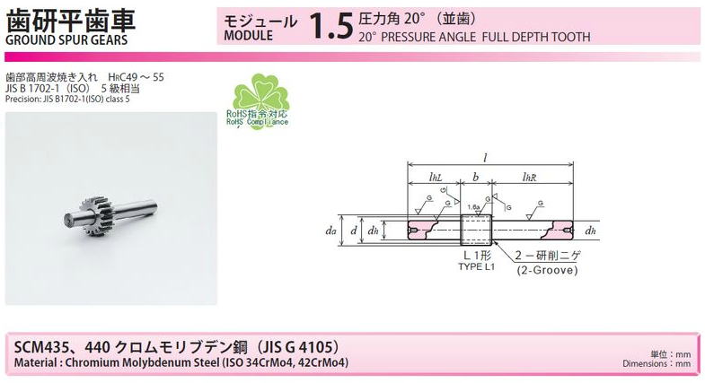 協育歯車工業株式会社　歯研平歯車　モジュール　1　圧力角２０°（並歯） SG1.5S14L-1512　から　SG1.5S25B-1515