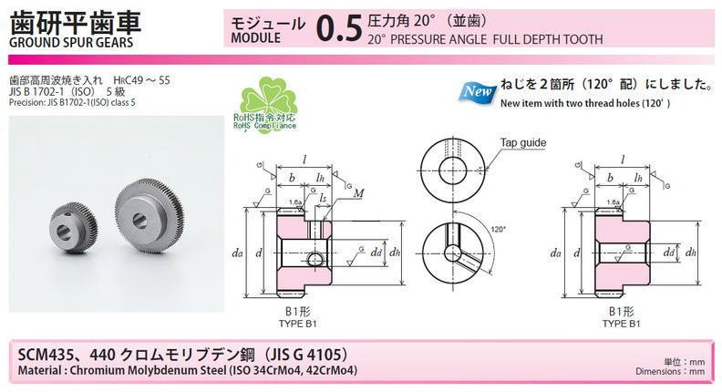 協育歯車工業株式会社　歯研平歯車　モジュール　0.5　圧力角２０°（並歯） SG50S50B-0808　から　SG50S70B-0808