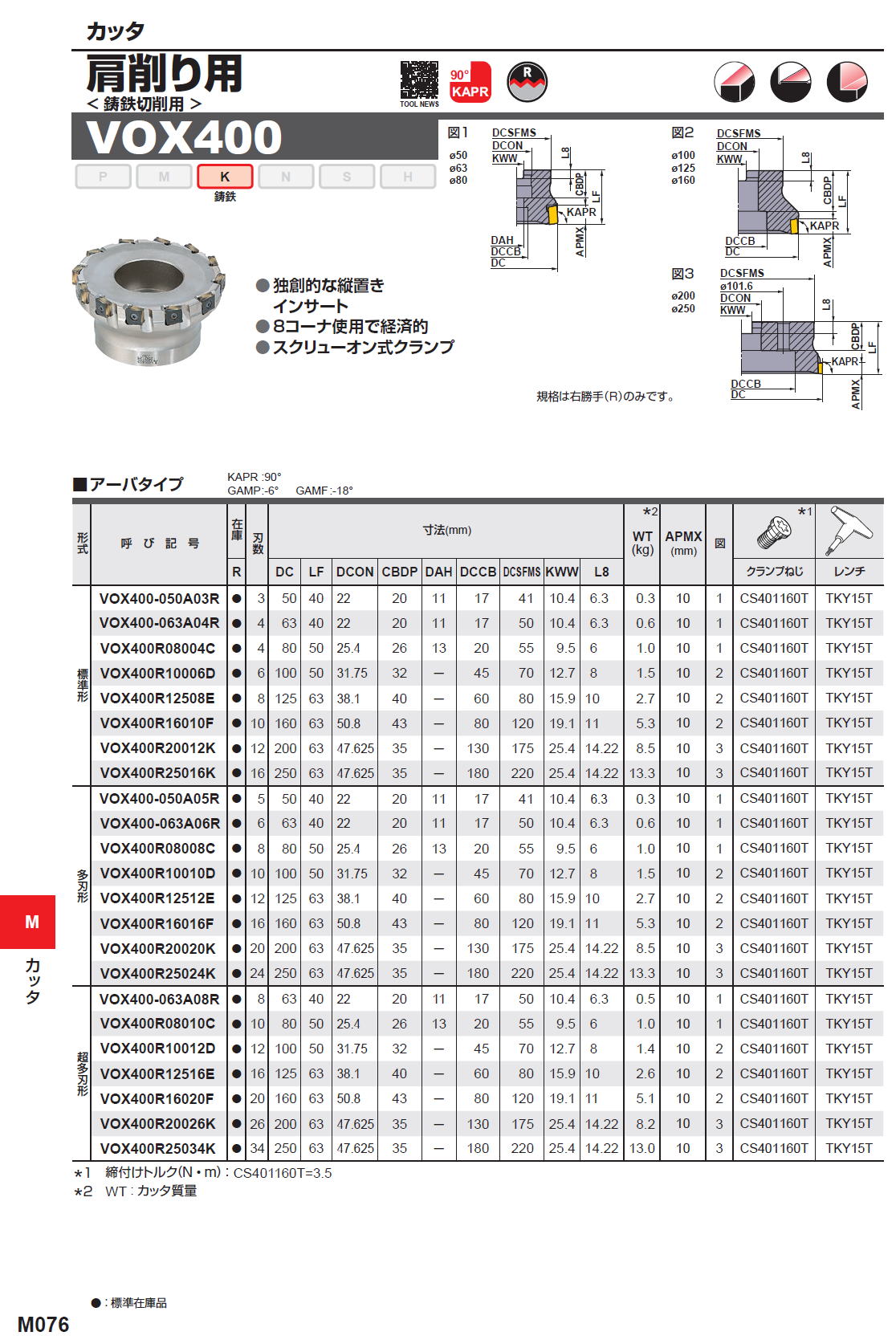 三菱マテリアル　カッタ　肩削り用　鋳鉄切削用　VOX400