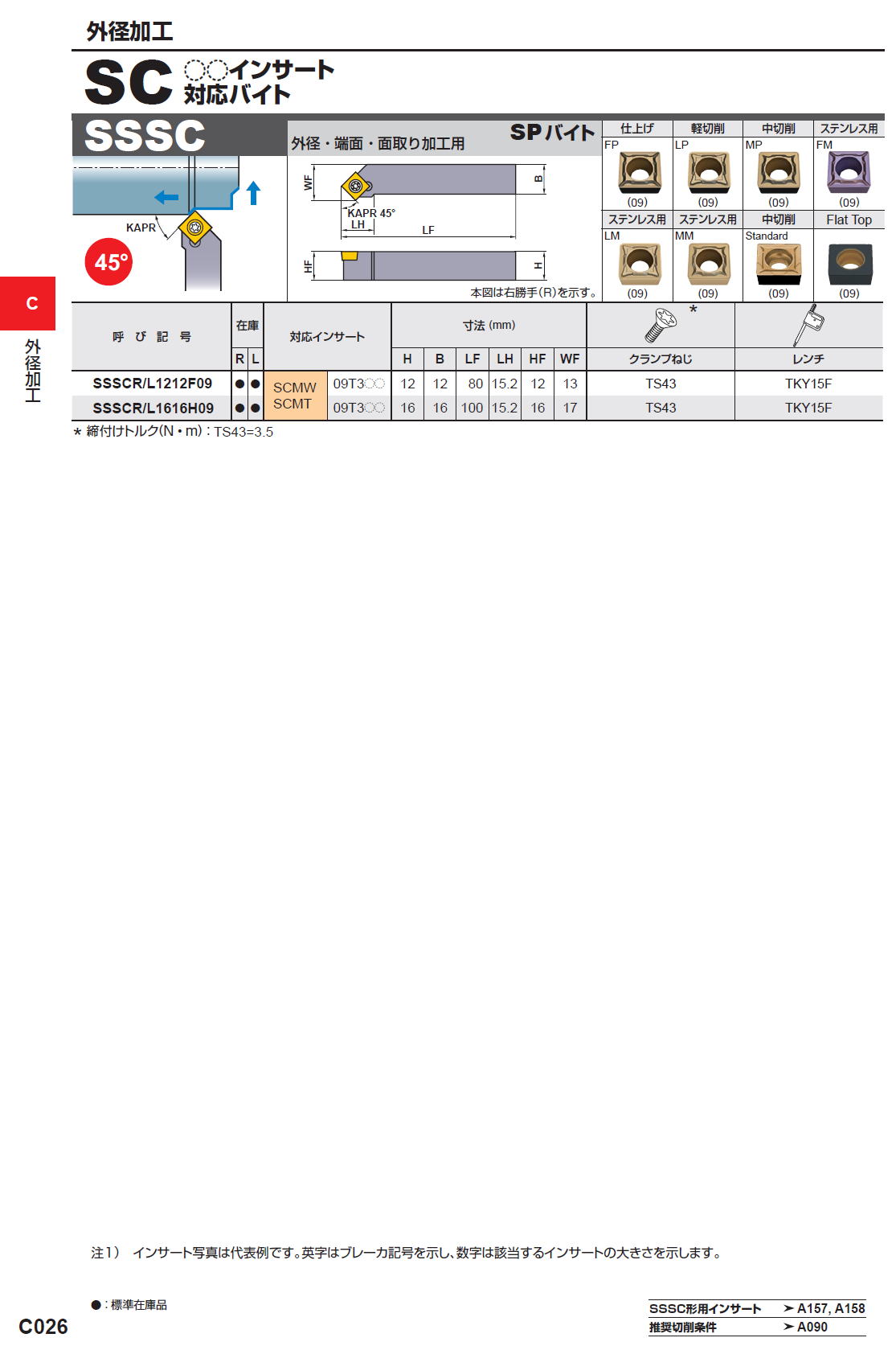 三菱マテリアル　切削工具　外径加工　SC〇〇インサート対応バイト　SSSC