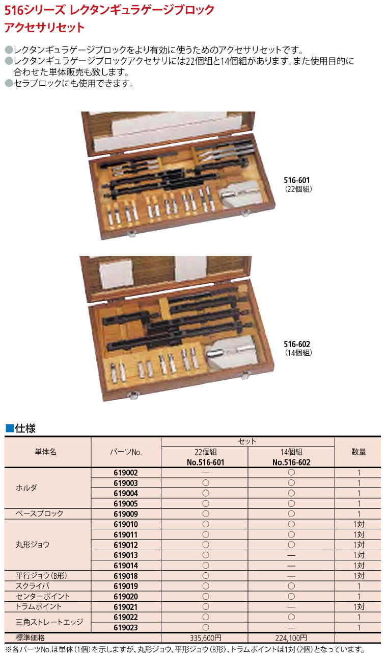 ミツトヨ 516シリーズレクタンギュラゲージブロック アクセサリセット