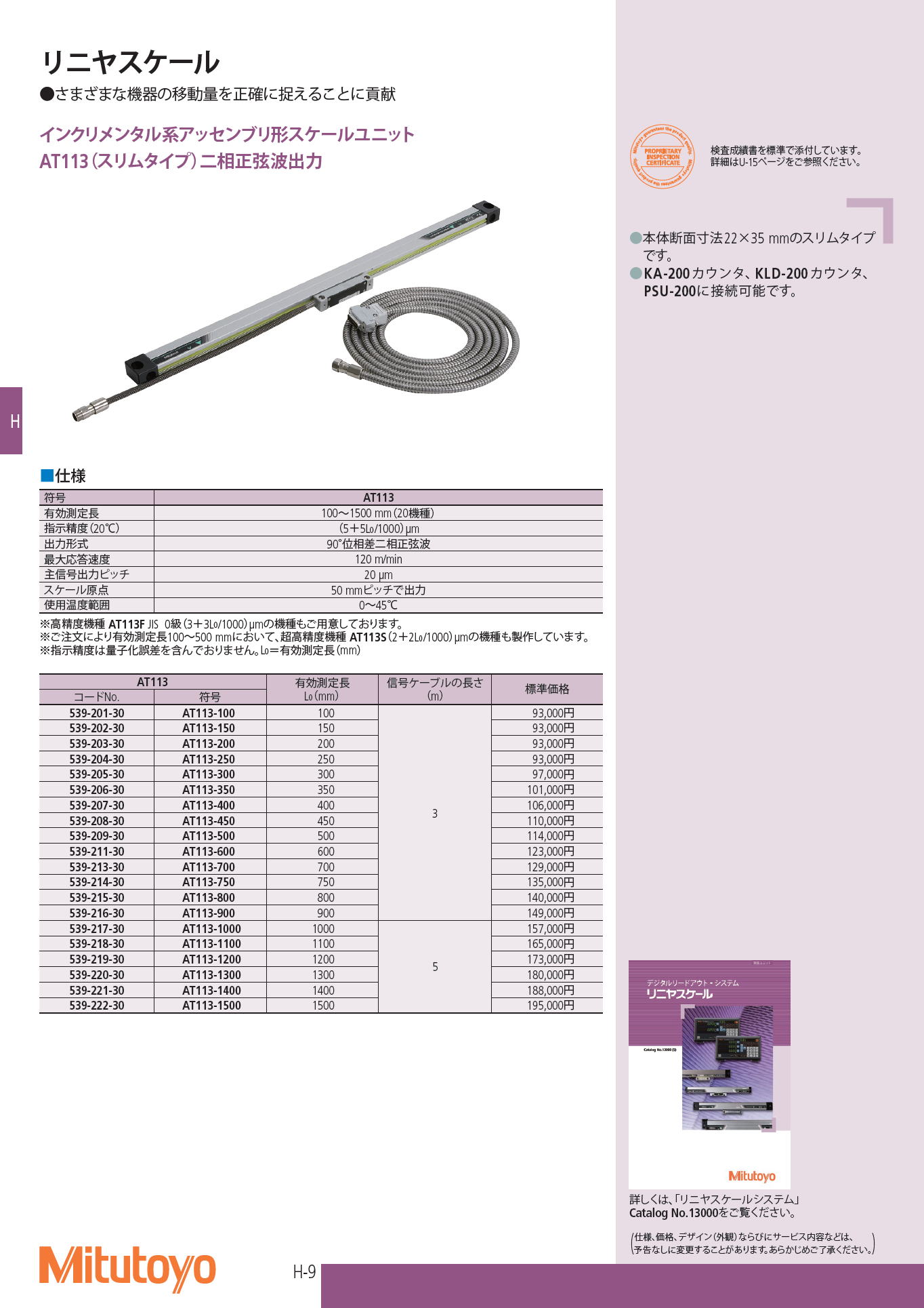 ミツトヨ　インクリメンタル系アッセンブリ形スケールユニット　AT113（スリムタイプ）二相正弦波出力　Mitutoyo Incremental assembly type scale unit AT113 (slim type) two-phase sine wave output