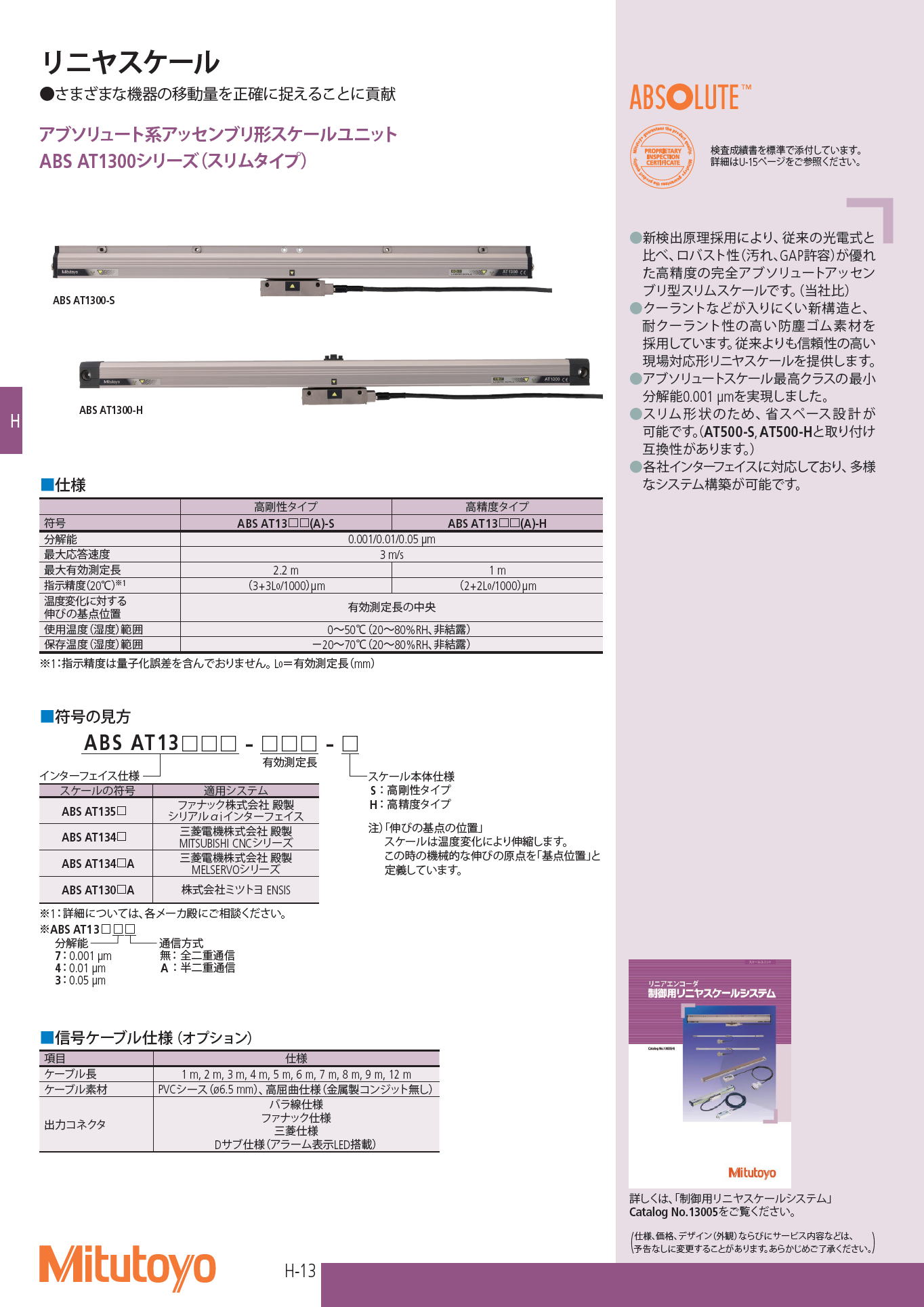 ミツトヨ　アブソリュート系アッセンブリ形スケールユニット　ABS AT1300シリーズ（スリムタイプ）　Absolute assembly type