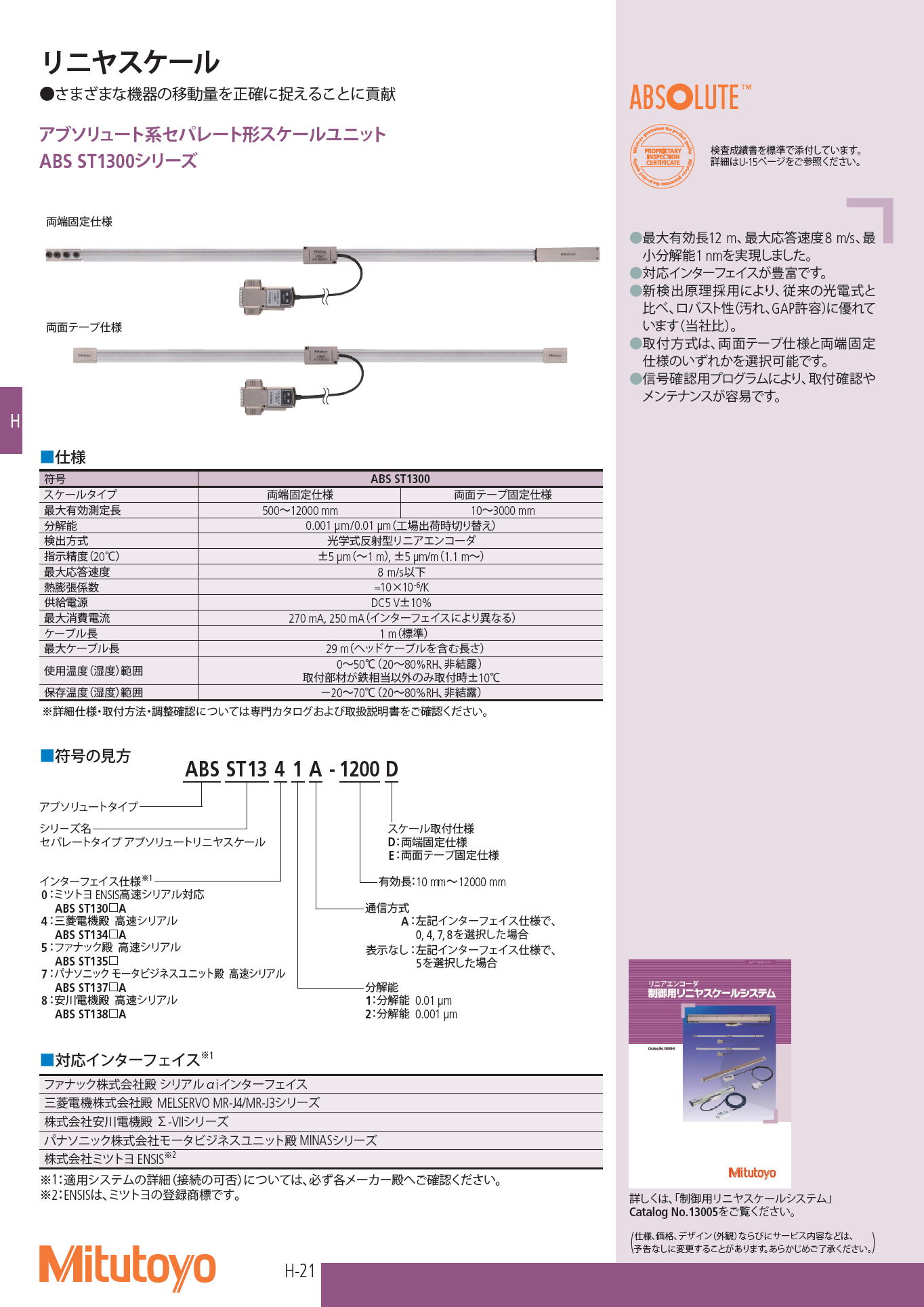 ミツトヨ　アブソリュート系セパレート形スケールユニット　ABS ST1300シリーズ　Mitutoyo Absolute Separate Scale Unit ABS ST1300 Series