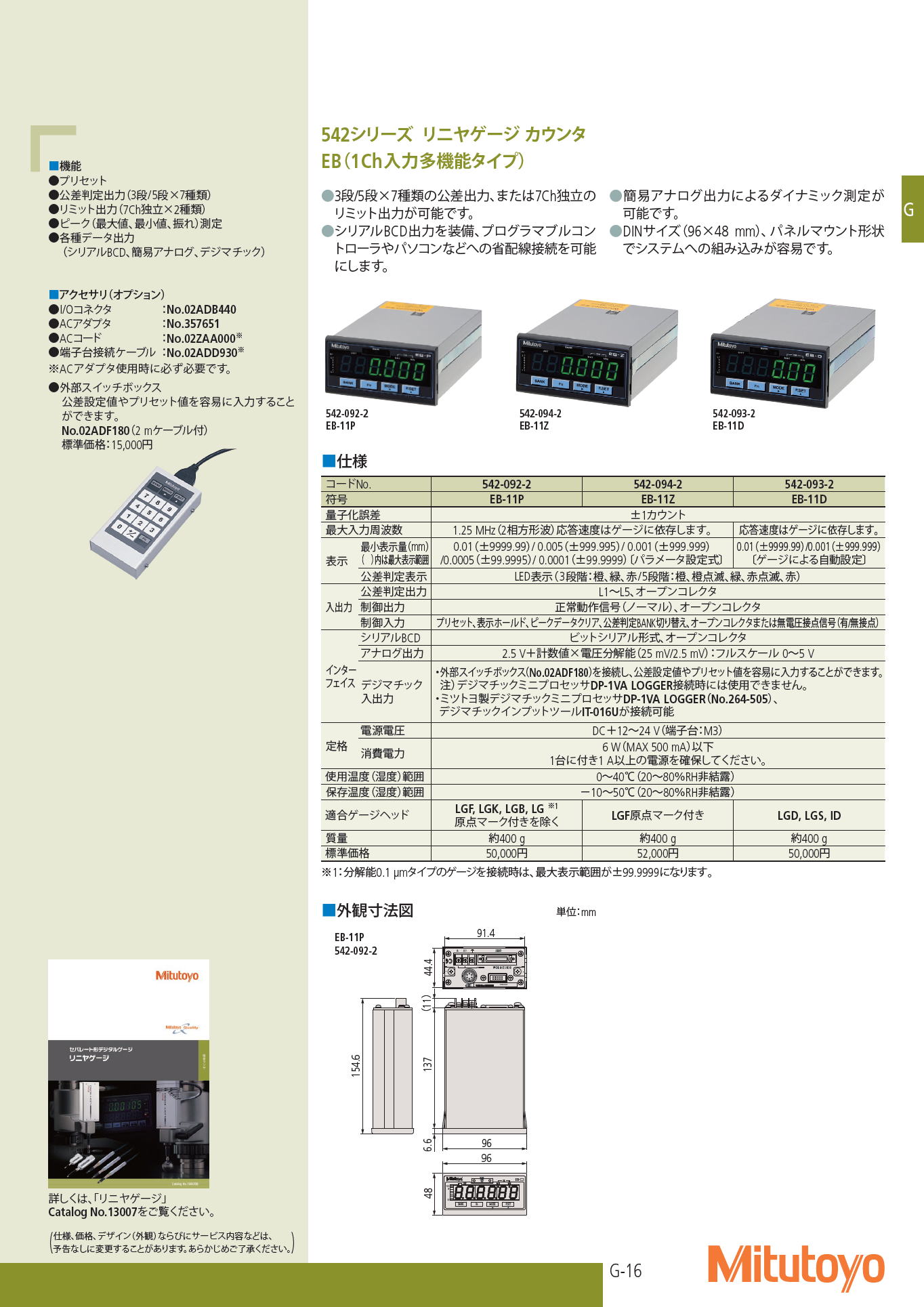 ミツトヨ　542シリーズ リニヤゲージ カウンタ　EB（1Ch入力多機能タイプ）　Mitutoyo 542 Series Liner Gauge Counter EB (1Ch Input Multifunctional Type)