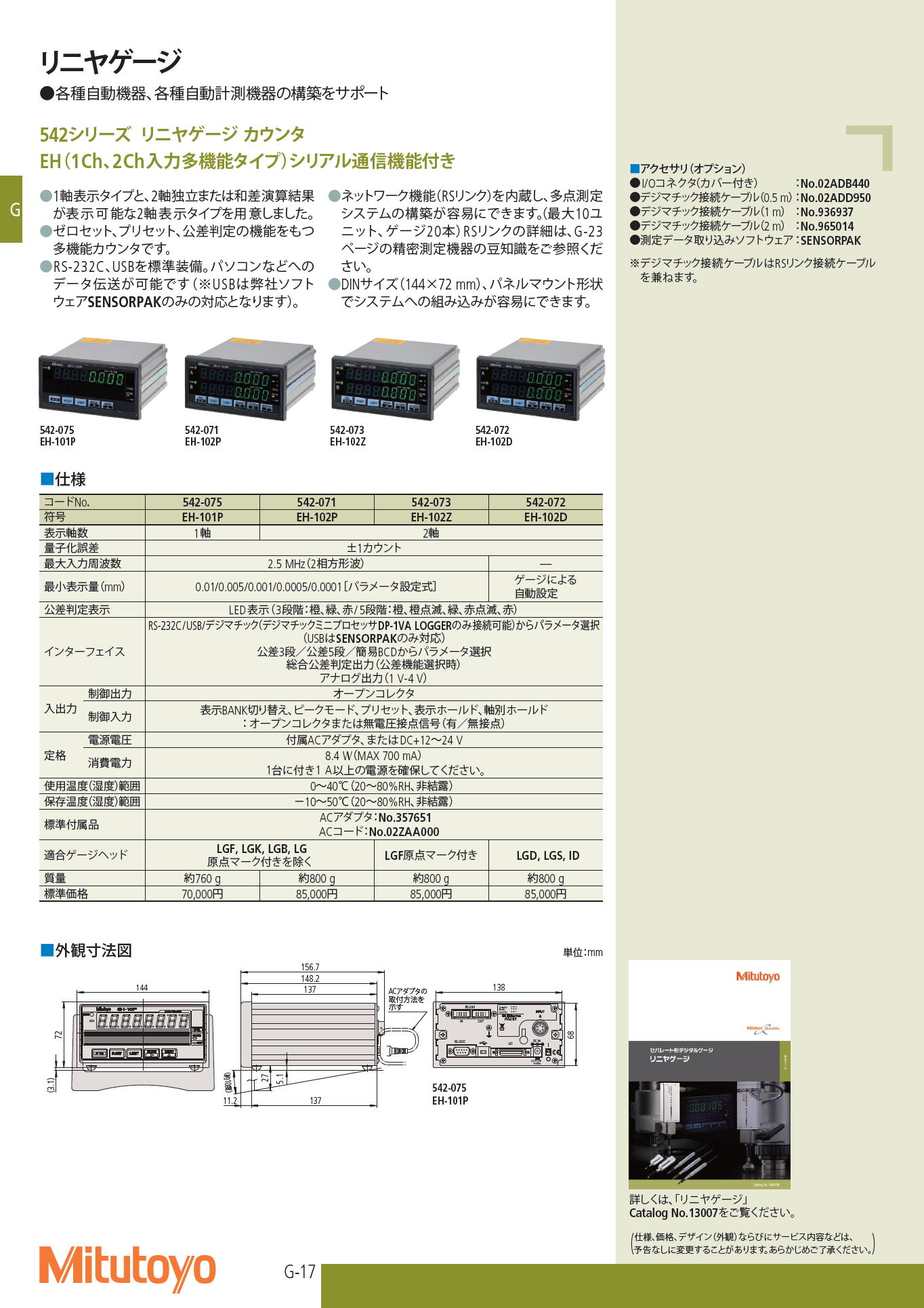 ミツトヨ　542シリーズ リニヤゲージ カウンタ EH（1Ch、2Ch入力多機能タイプ）シリアル通信機能付き