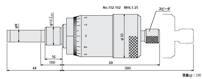 ミツトヨ 152シリーズ マイクロメーターヘッド（高機能形）スピンドルピッチ1mmのマイクロメーターヘッド MHL 1mmピッチ